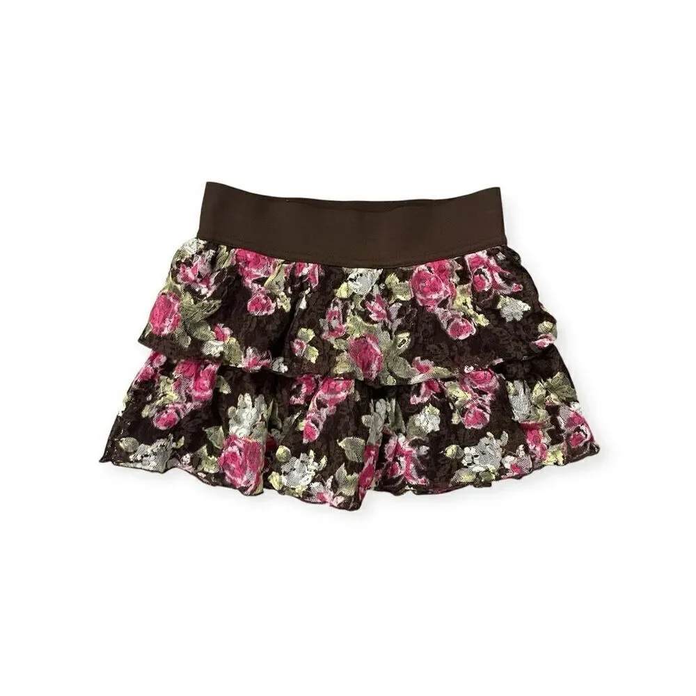 Justice Girl’s Brown Pink Floral Lace Pull-On Tiered Skater Skort Size 6